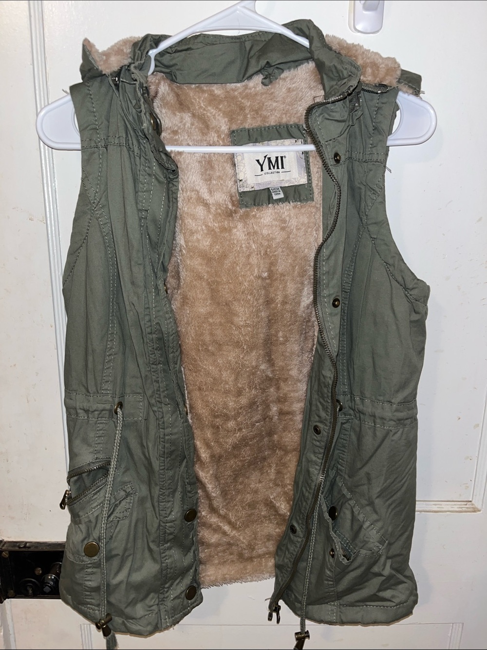 YMI Olive Green Faux Fur-Lined Hooded Utility Vest